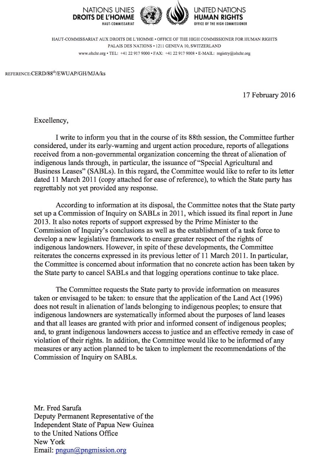 UN committee demands answers on SABL land grab