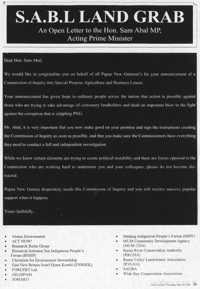 SABL Land Grab: Open letter to the Acting Prime Minister