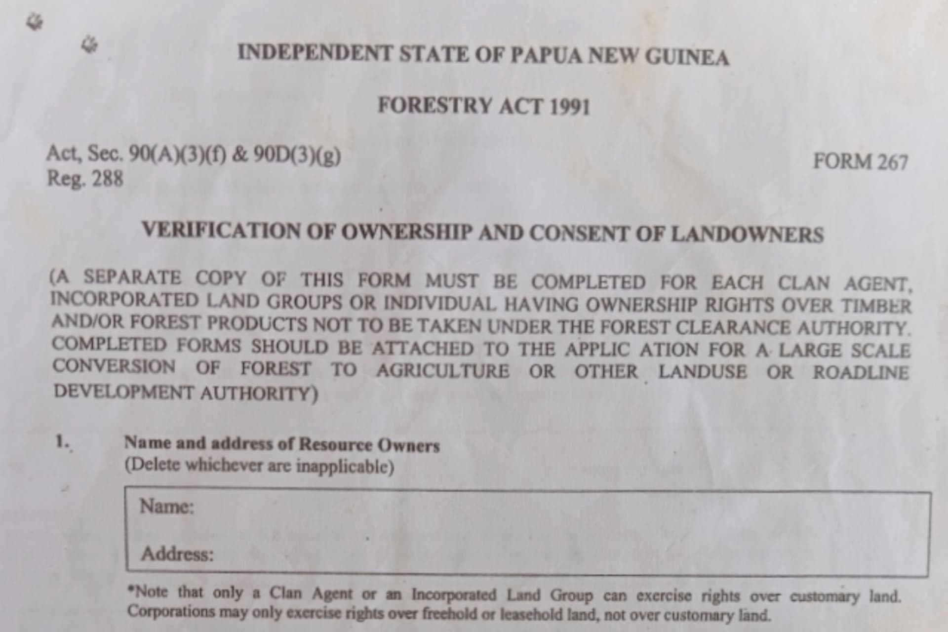 Part of a consent form local resource owners say was given to them after the logging company arrived on their land