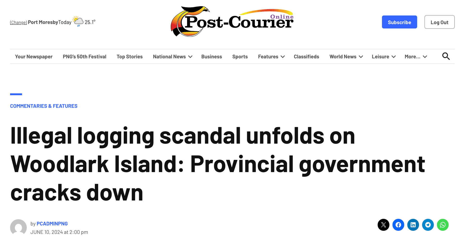 Post Courier newspaper headline - Illegal logging scandal Woodlark Island June 10 2024