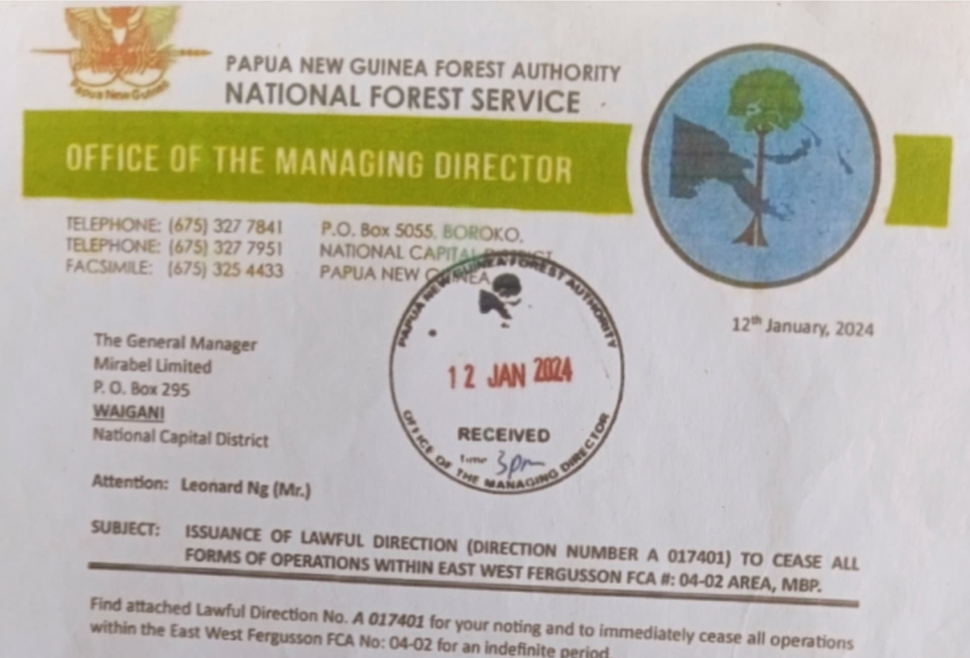 Part of the PNG Forest Authority issued stop work notice to Mirabel Limited dated January 2024
