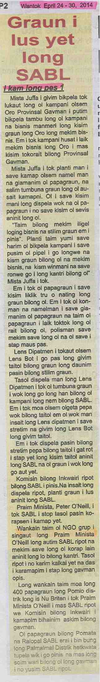 Wantok Front Cover: Graun i lus yet long SABL