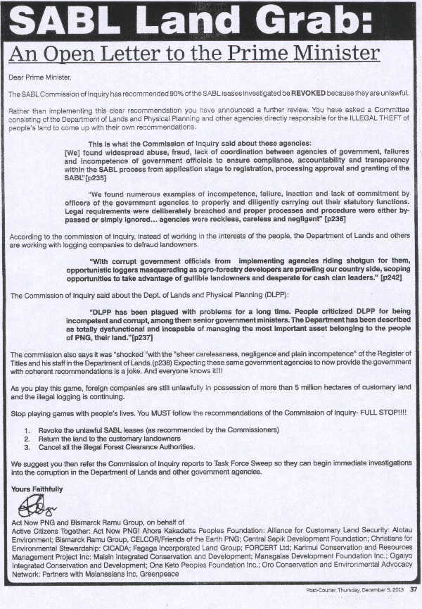 SABL Land Grab: An open letter to the Prime Minister