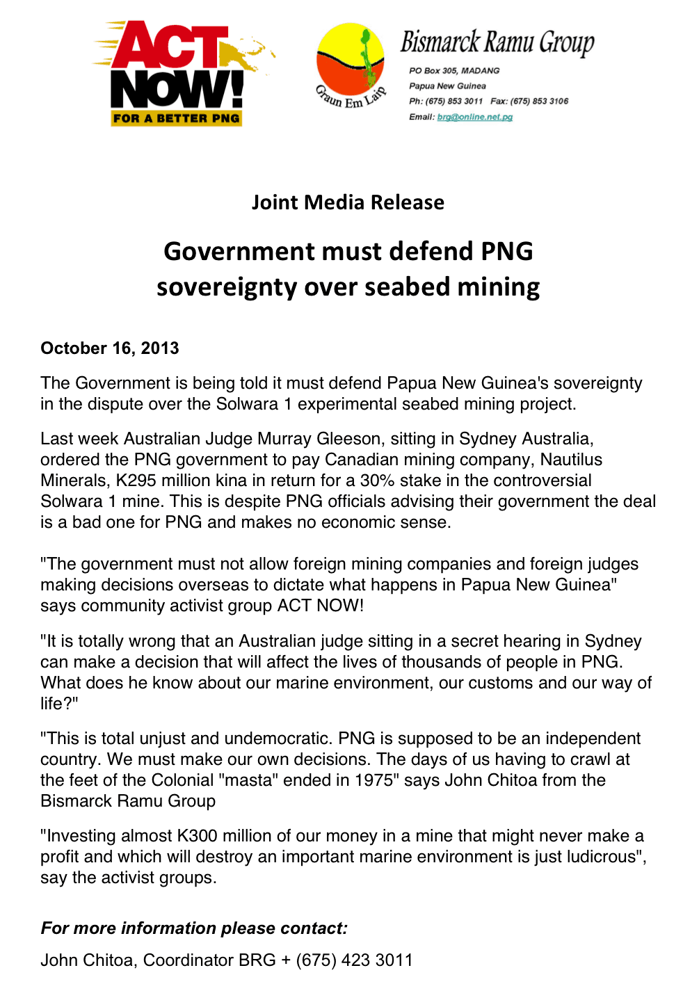 Govt must defend PNG sovereignty over seabed mining