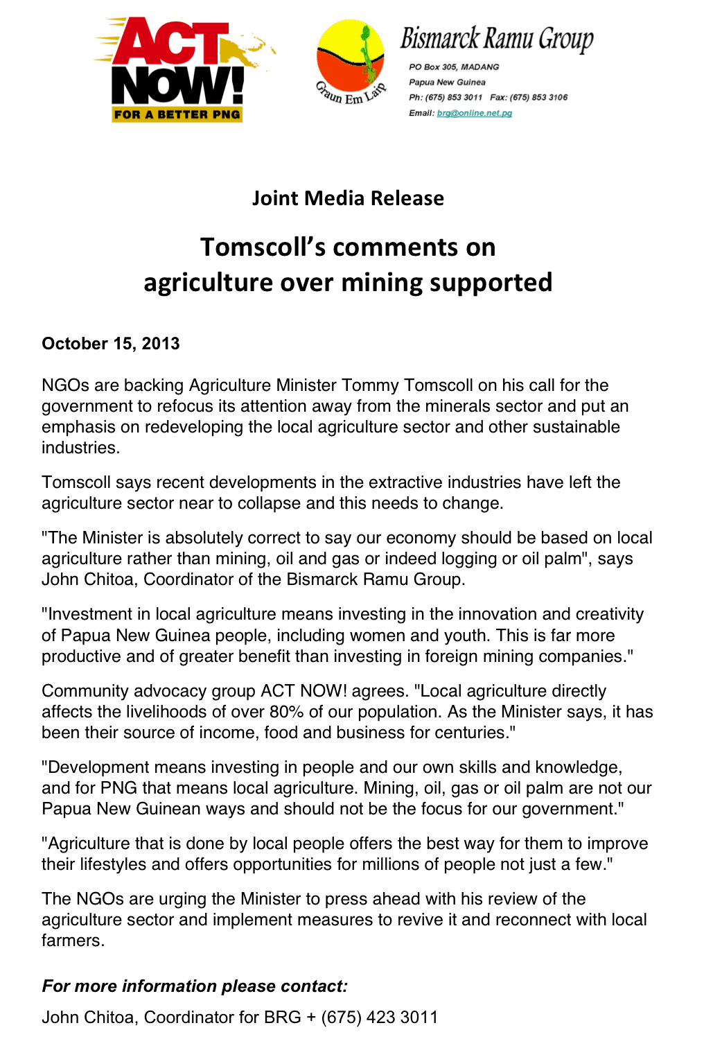 Minister's comments on agriculture over mining backed