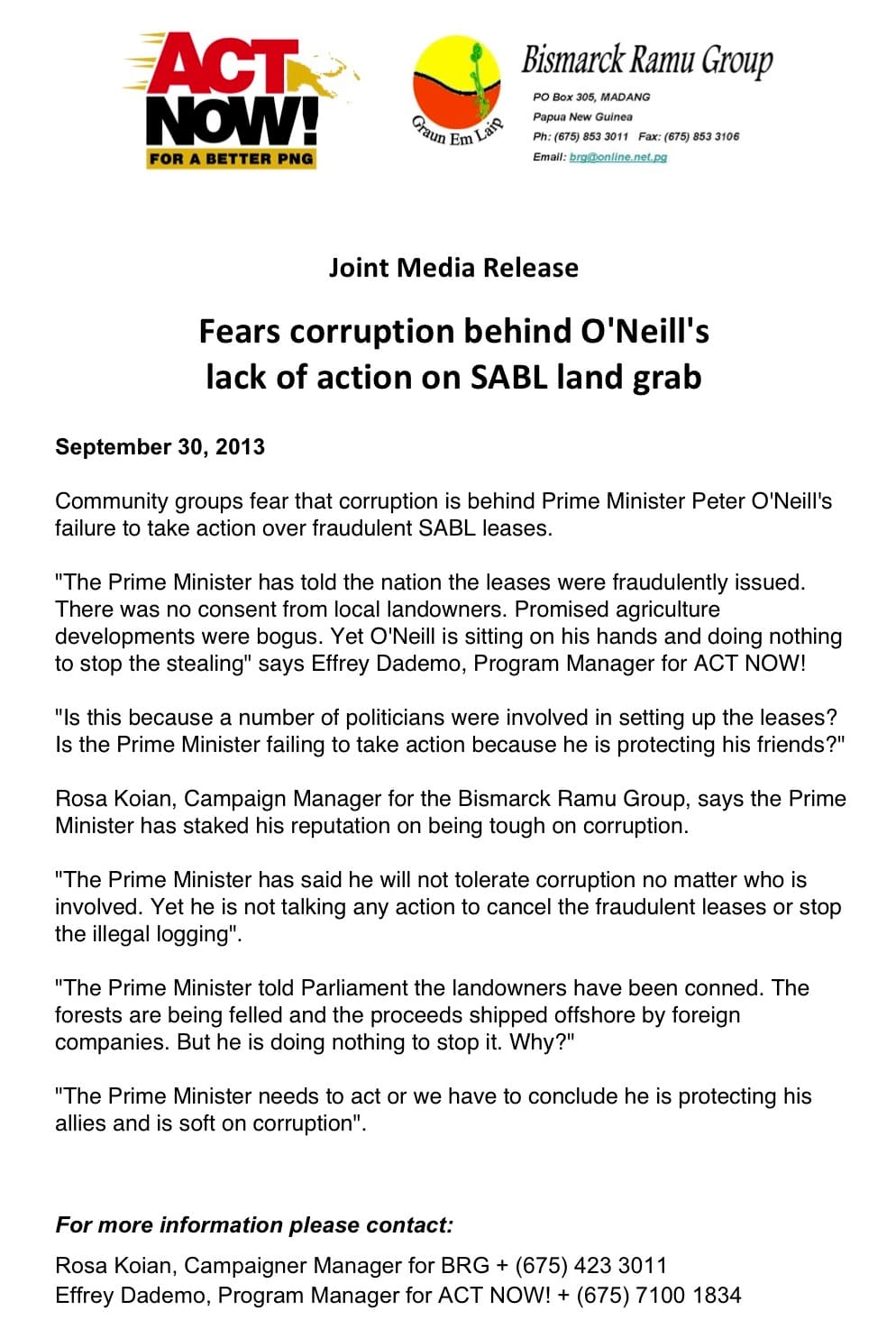 Fears corruption behind O'Neill's lack of action on SABL land grab