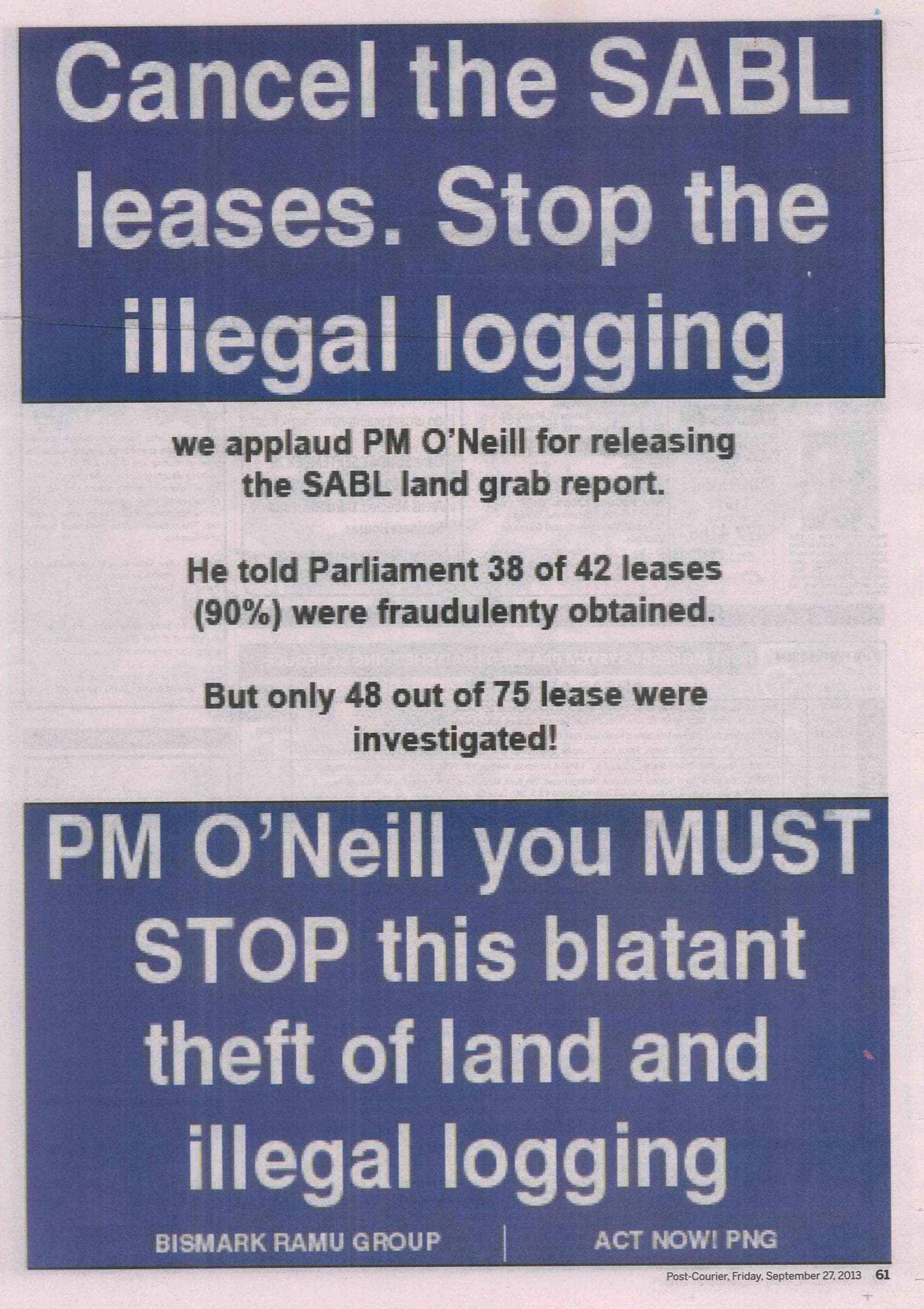 Cancel the SABL leases and stop the illegal logging