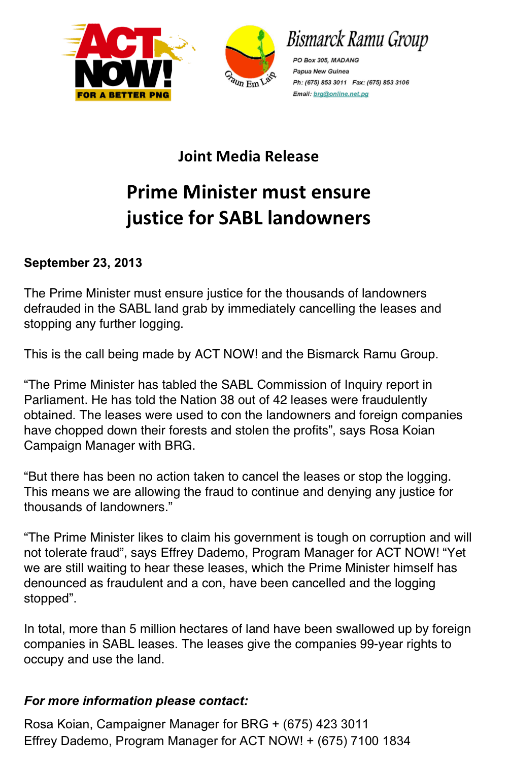 Prime Minister must ensure justice for SABL landowners
