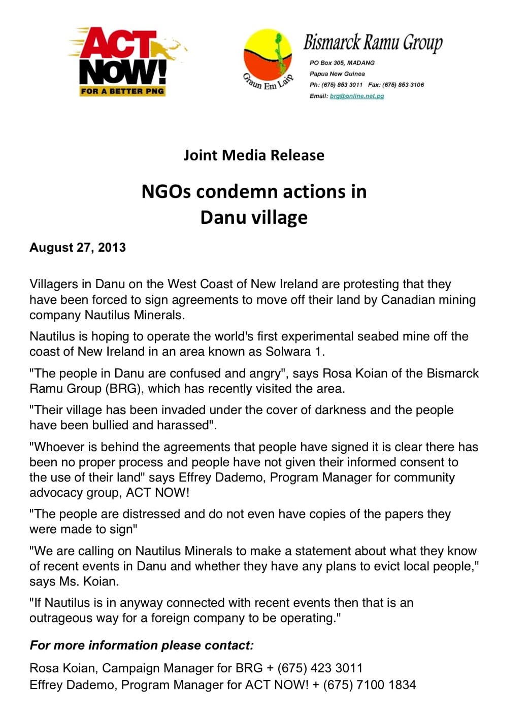 NGOs condemn actions in Danu village