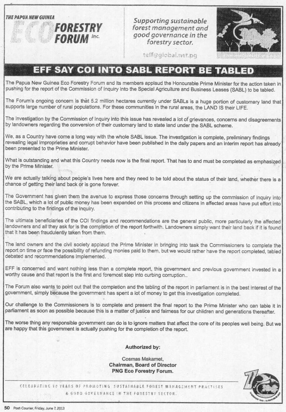 Eco-Forestry Forum calls for SABL CoI report to be tabled