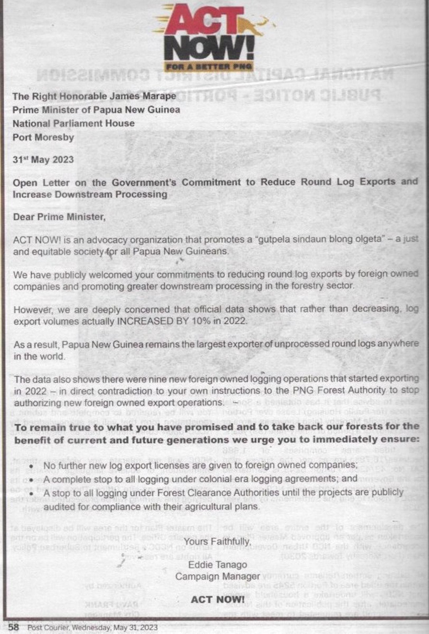 Open Letter to the Prime Minister on log exports and downstream processing