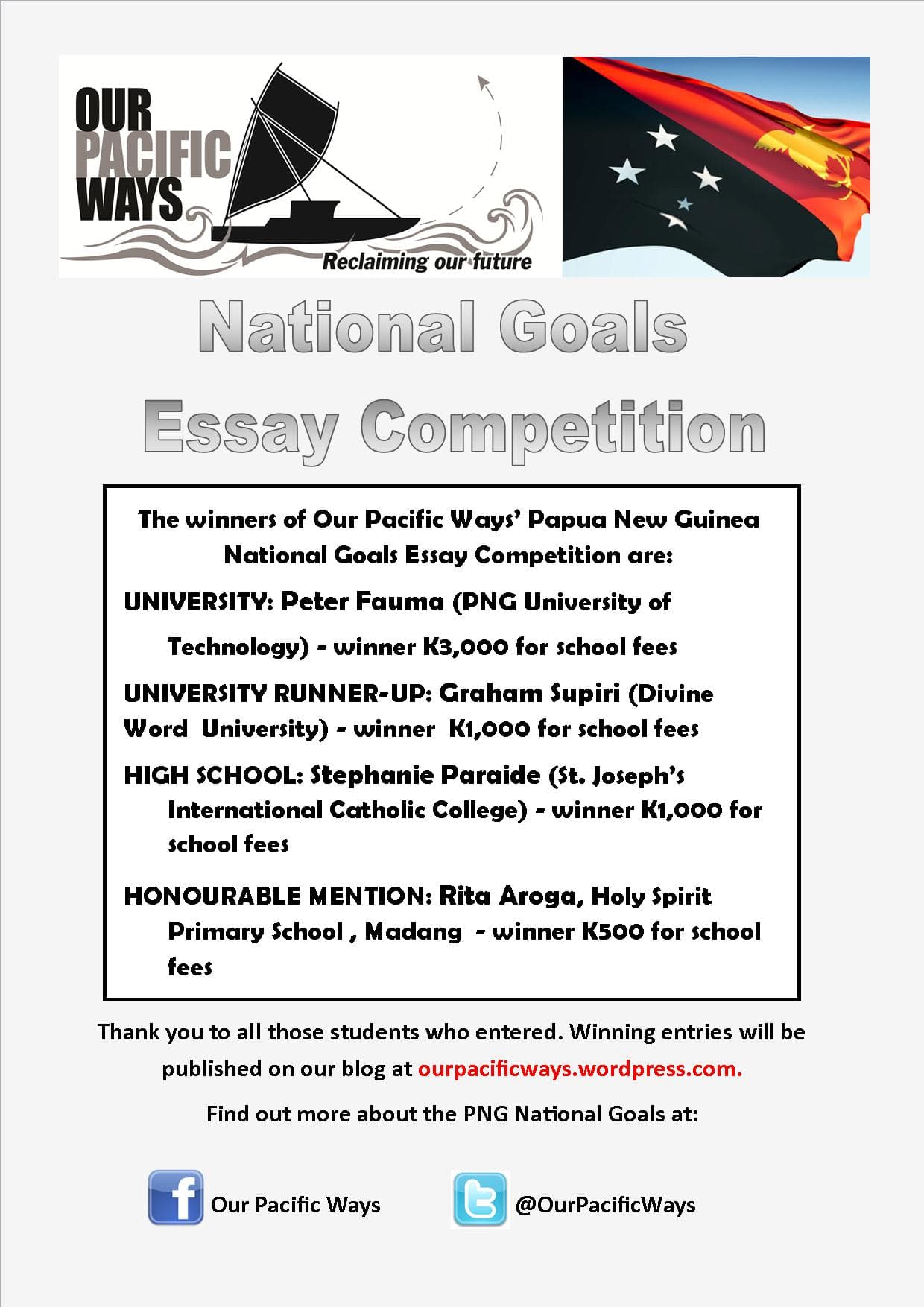 Our Pacific Ways National Essay Competition Winners!!!!