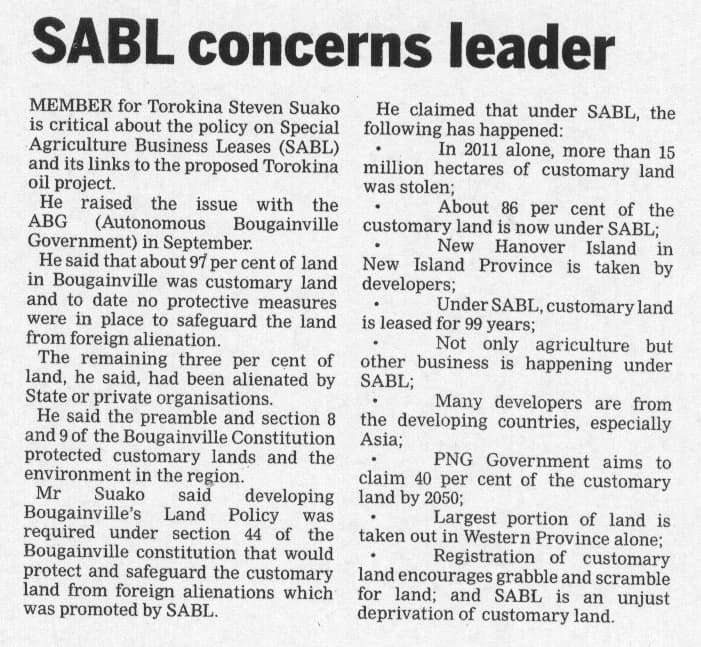 SABL concerns Bougainville MP