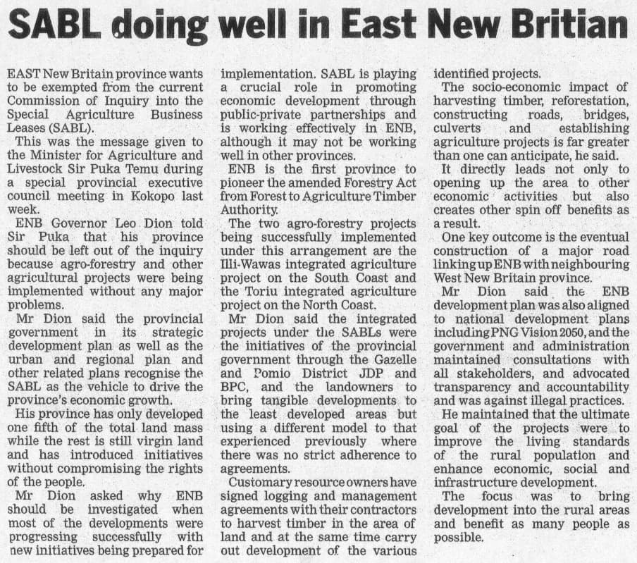 SABL 'doing well' in East New Britain