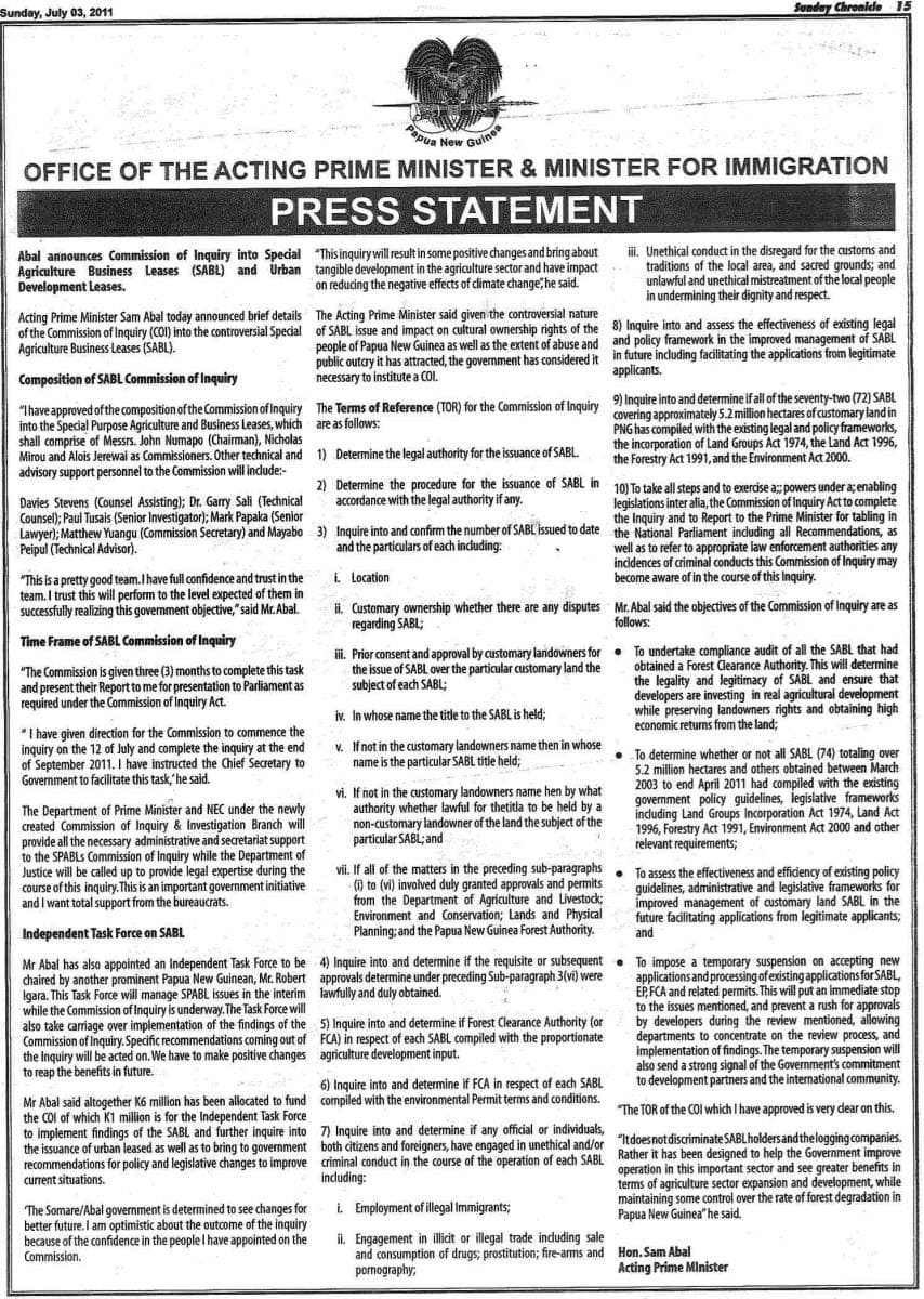 Confusion over land grab Commission of Inquiry