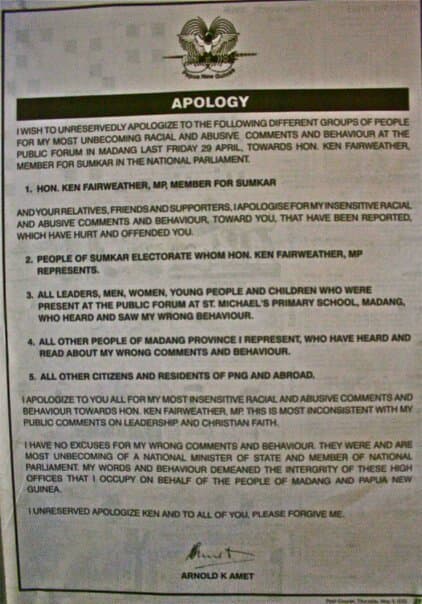 Papua New Guinea's Attorney General apologizes for racial abuse over PMIZ