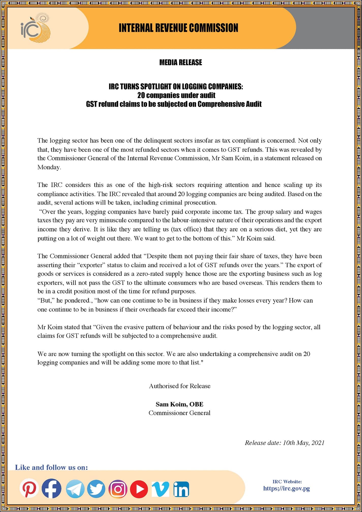 IRC adds more financial crimes to logging companies’ charge sheet