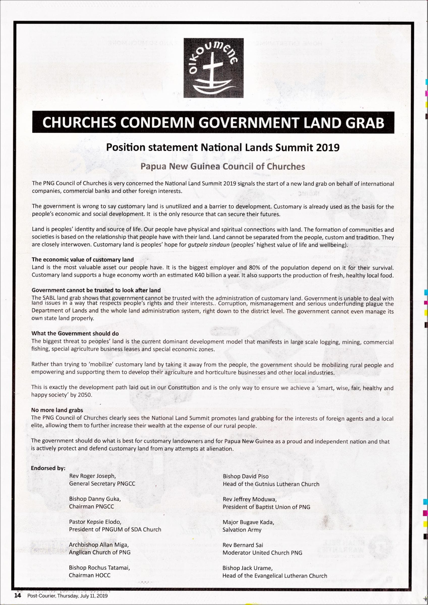 Churches condemn government NLS land grab